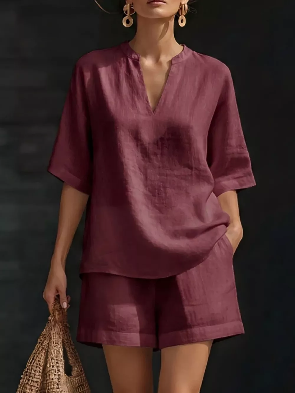 Full Size Notched Half Sleeve Top and Shorts Set Plus Size, image 8