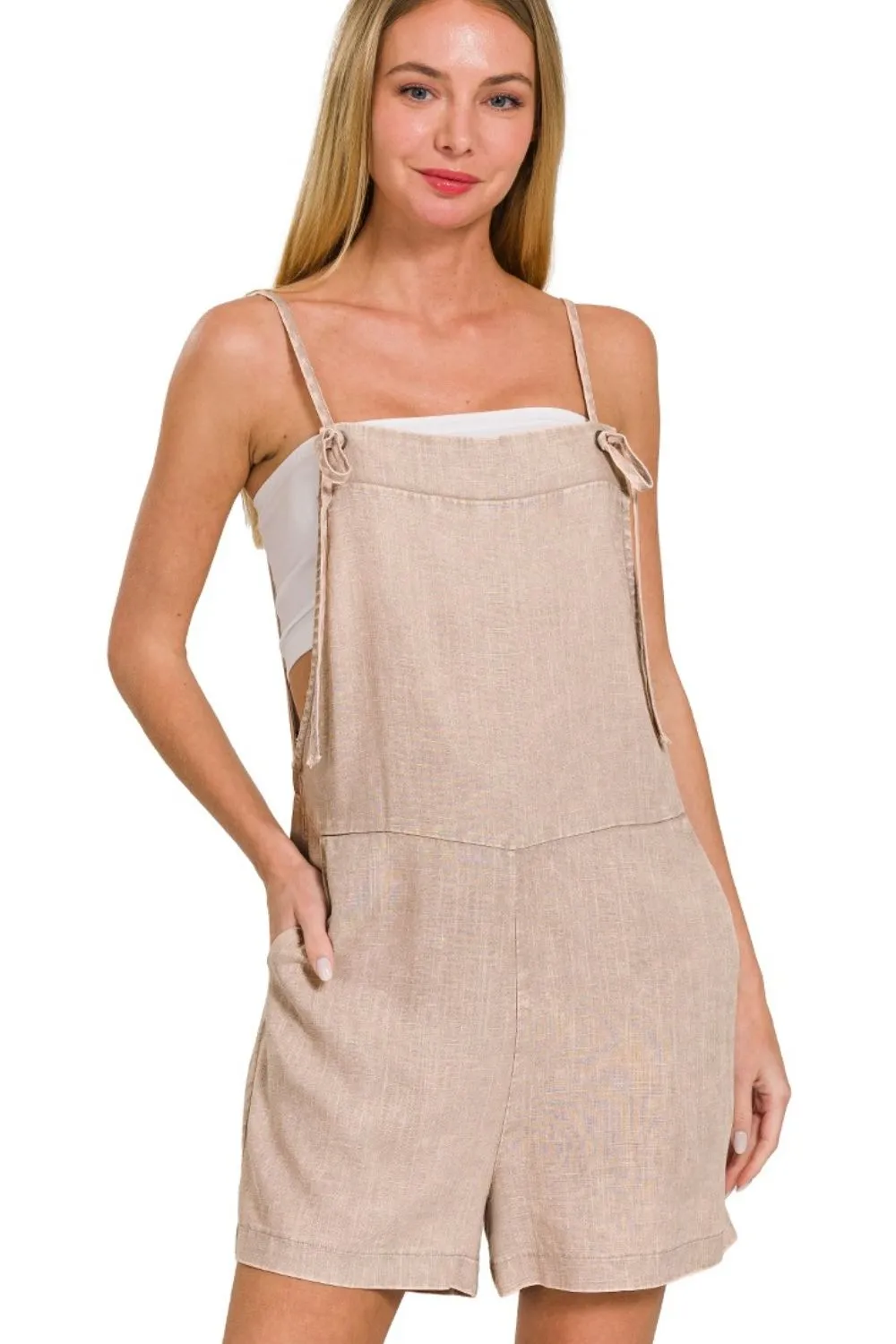 Washed Linen Knot Strap Rompers