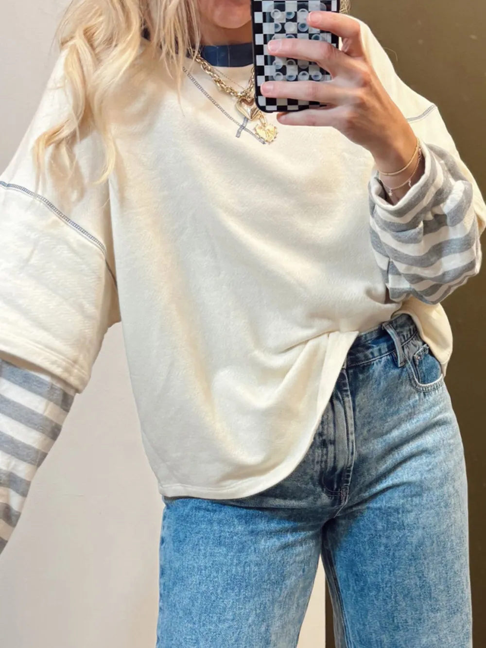 Striped Patchwork Long Sleeve Round Neck Two-in-one Top, image 2