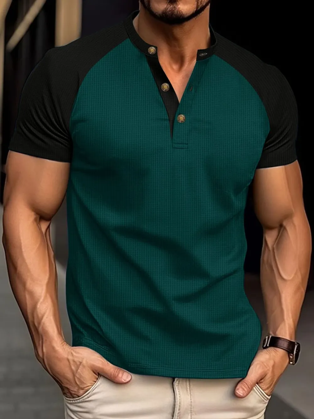 Men's Full Size Waffle-Knit Round Neck Contrast Polo Plus Size, image 7