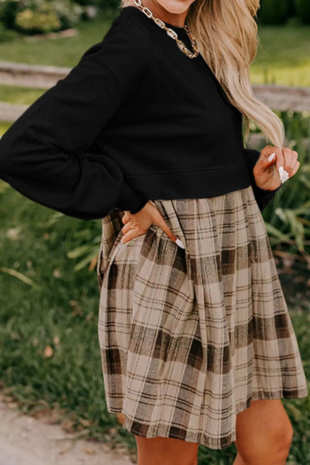 Plaid Round Neck Long Sleeve Mini Dress, image 12
