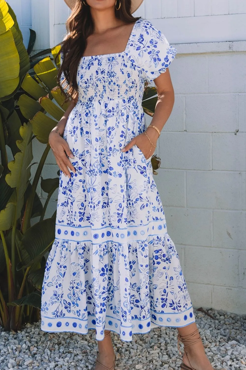 Smocked Printed Square Neck Puff Sleeve Dress, image 8