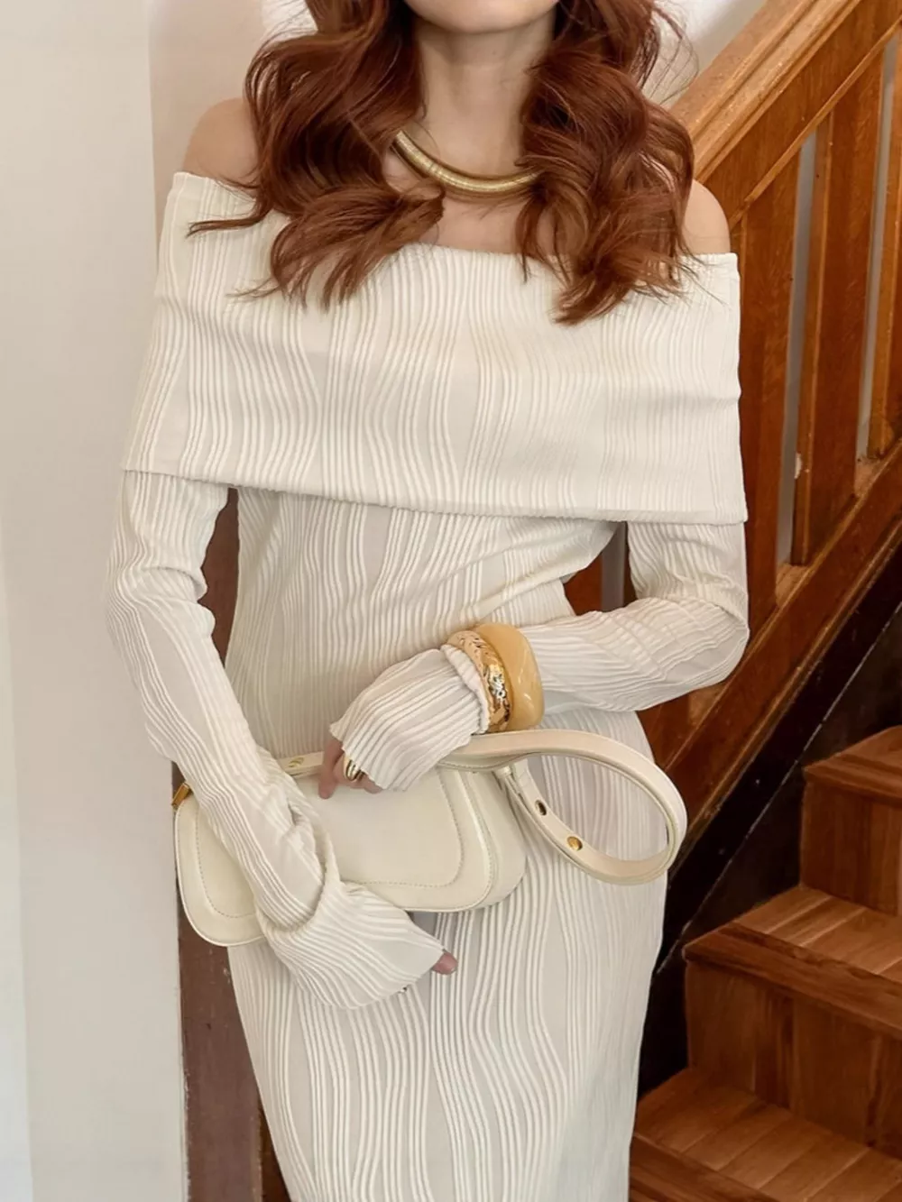 Off-Shoulder Textured Knit Maxi Dress