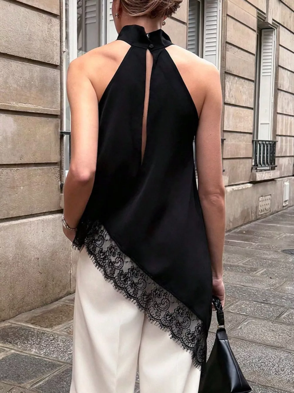 Polka Dot Lace Trim Asymmetrical Hem Sleeveless Blouse, image 12