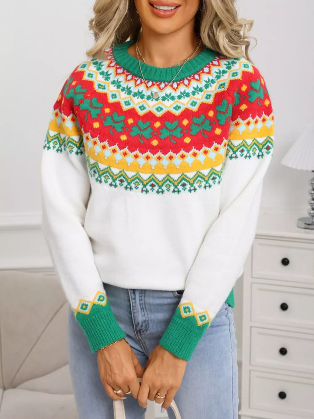 Clover Pattern Round Neck Knitted Sweater, image 8