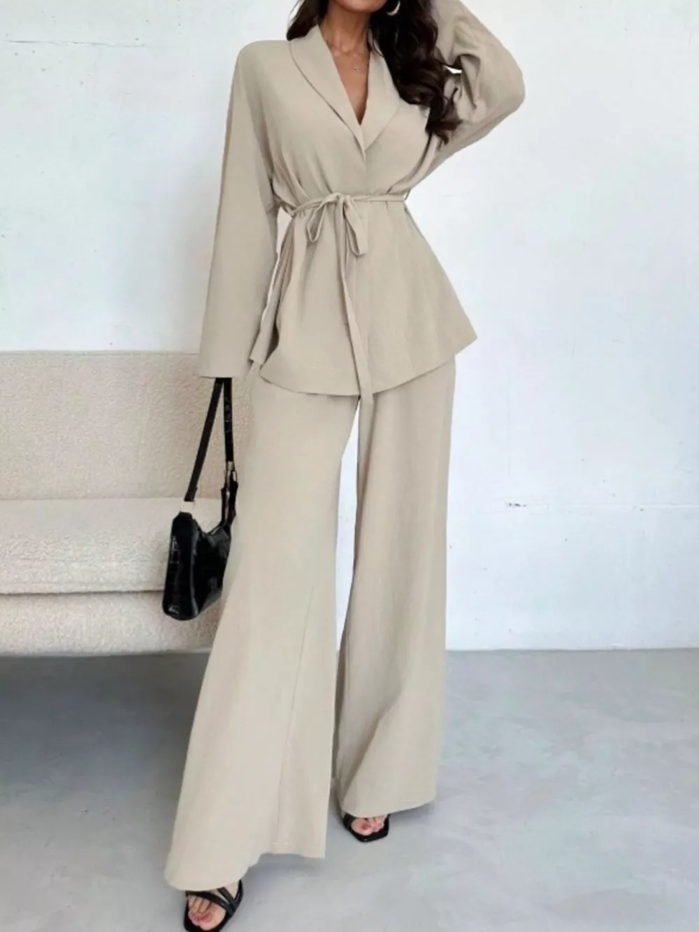 Textured Tie Waist Top and Wide-Leg Pants Set