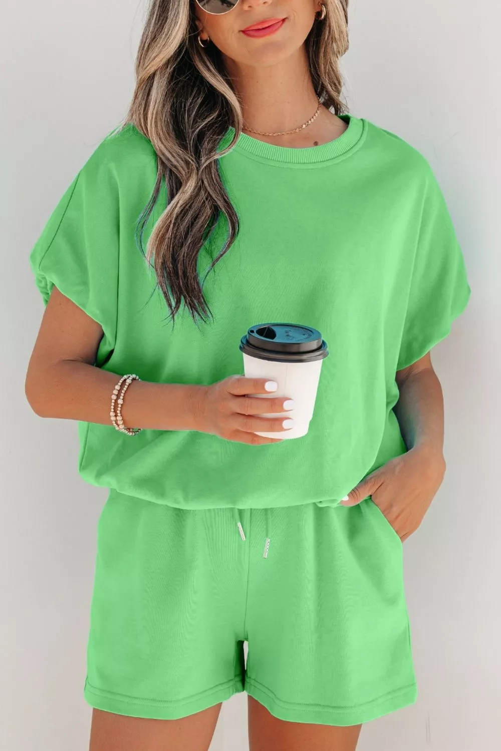 Solid Color Puffy Loose Top Drawstring Shorts 2pcs Outfit, image 2