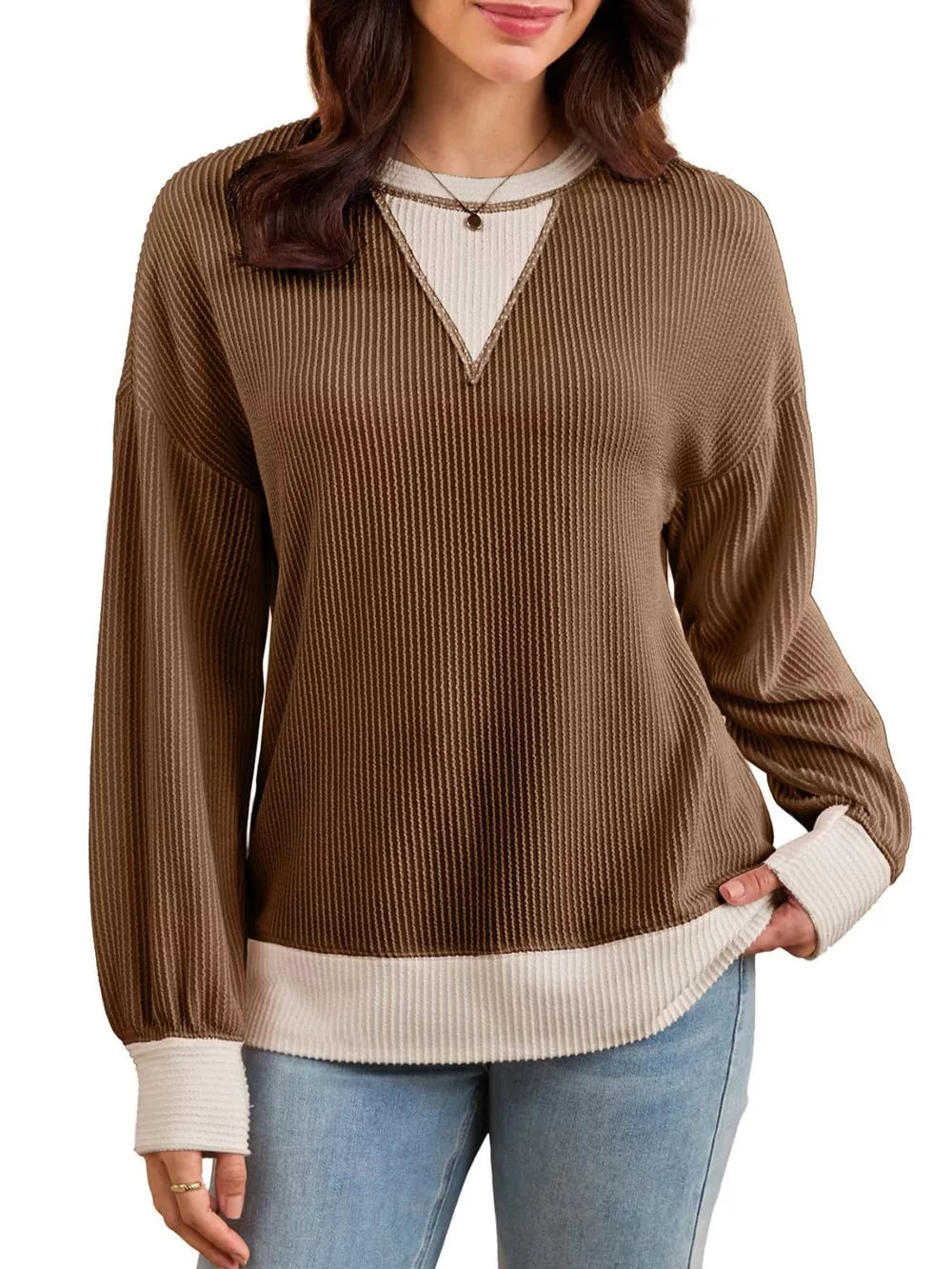 Two-Tone Ribbed Knit Sweatshirt, image 12