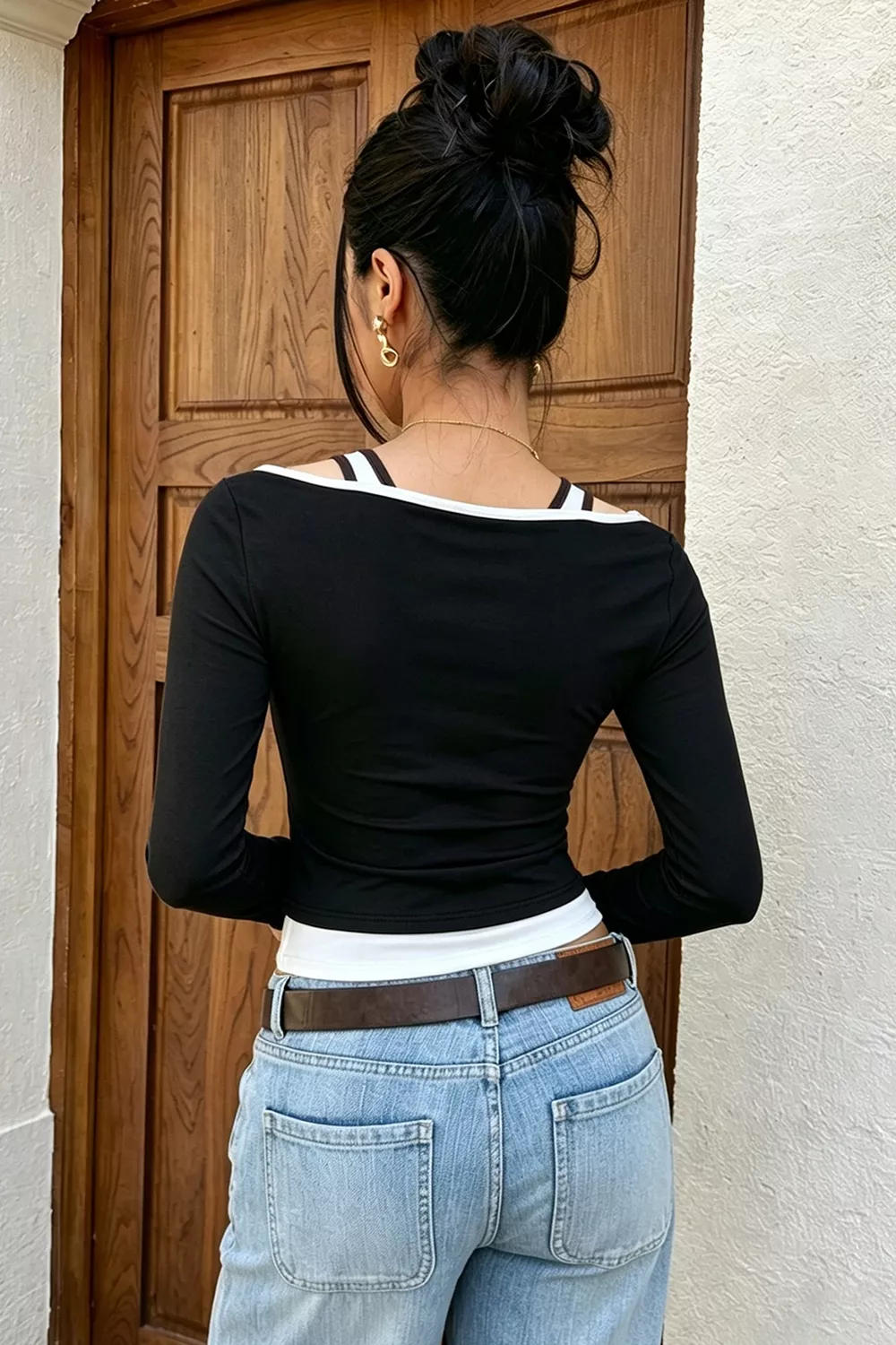 Color-Block Cutout Long Sleeve Slim Fit Top, image 12