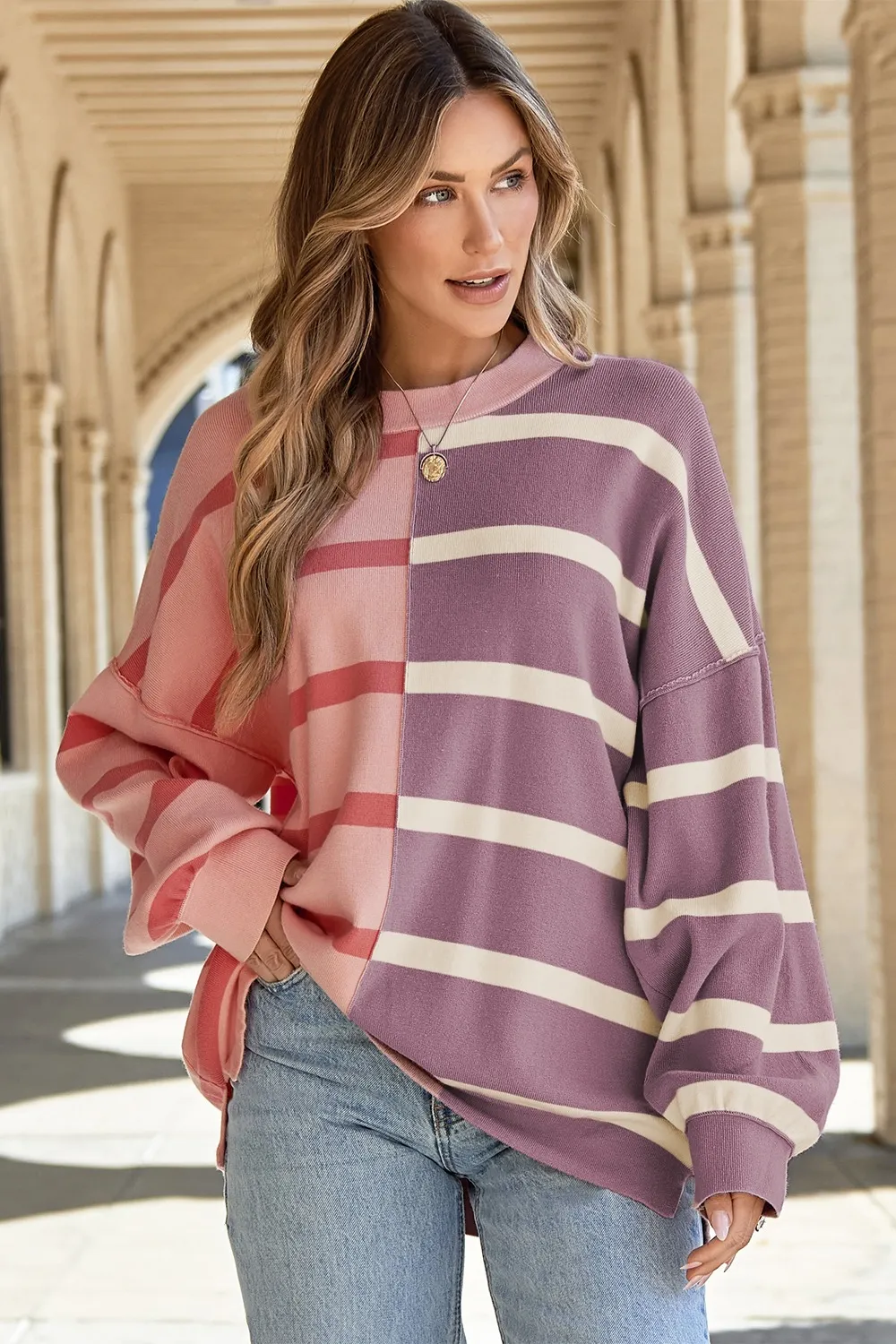 Striped Round Neck Long Sleeve Knit Top, image 13