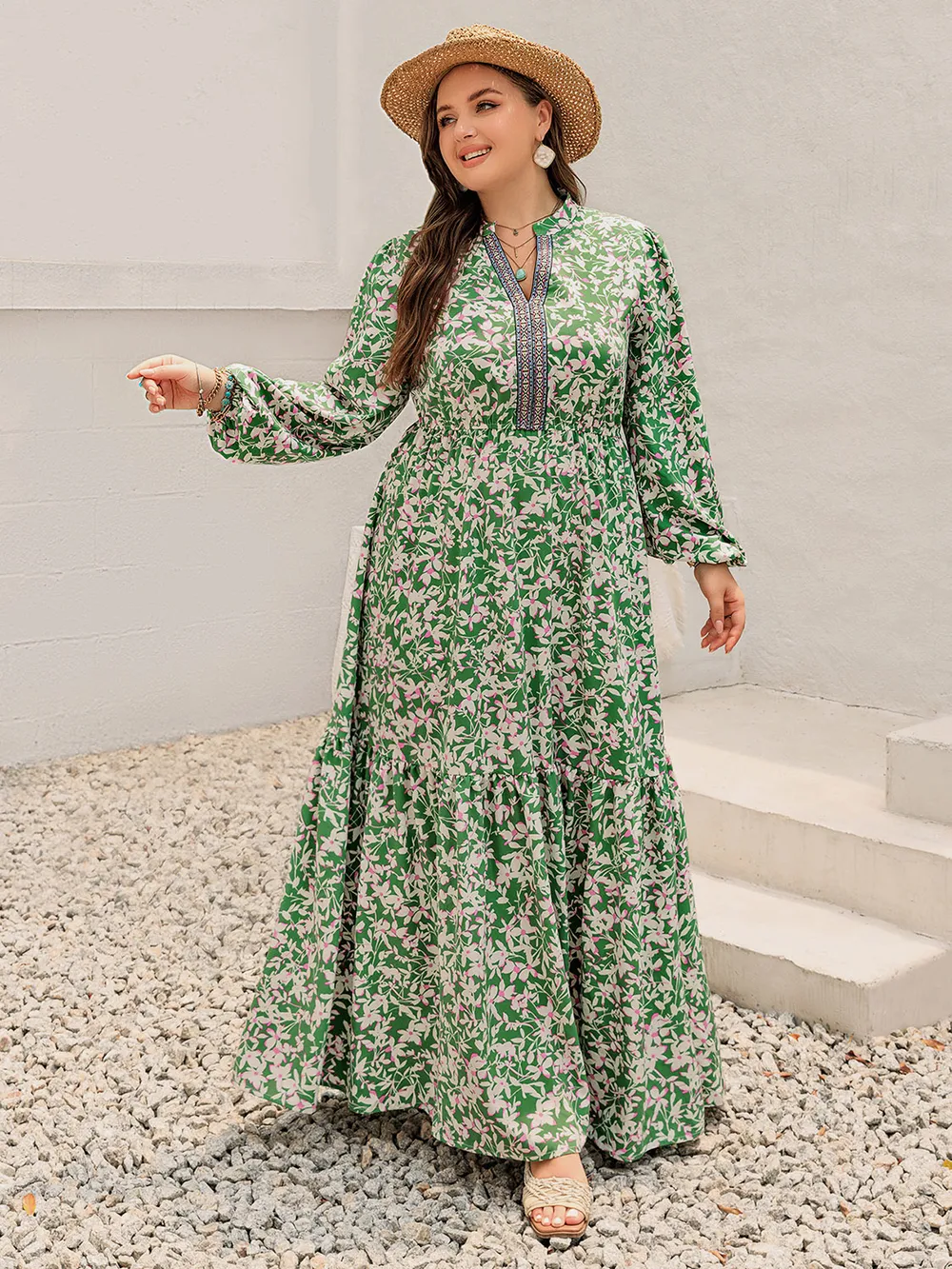 Plus Size Printed Notched Long Sleeve Maxi Dress, image 7