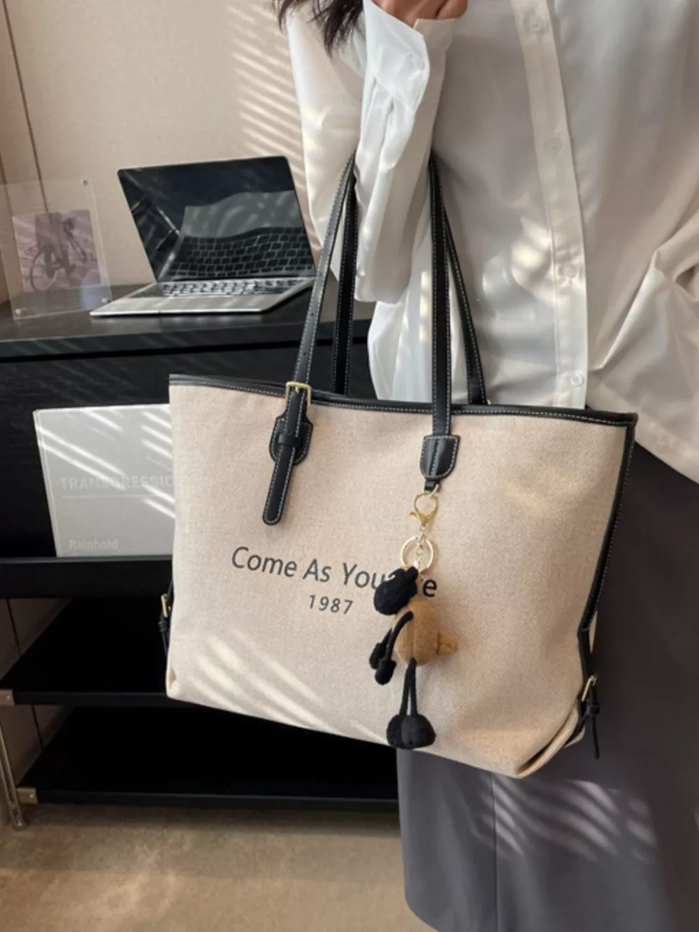 Canvas Tote Shoulder Bag with Charm, image 2