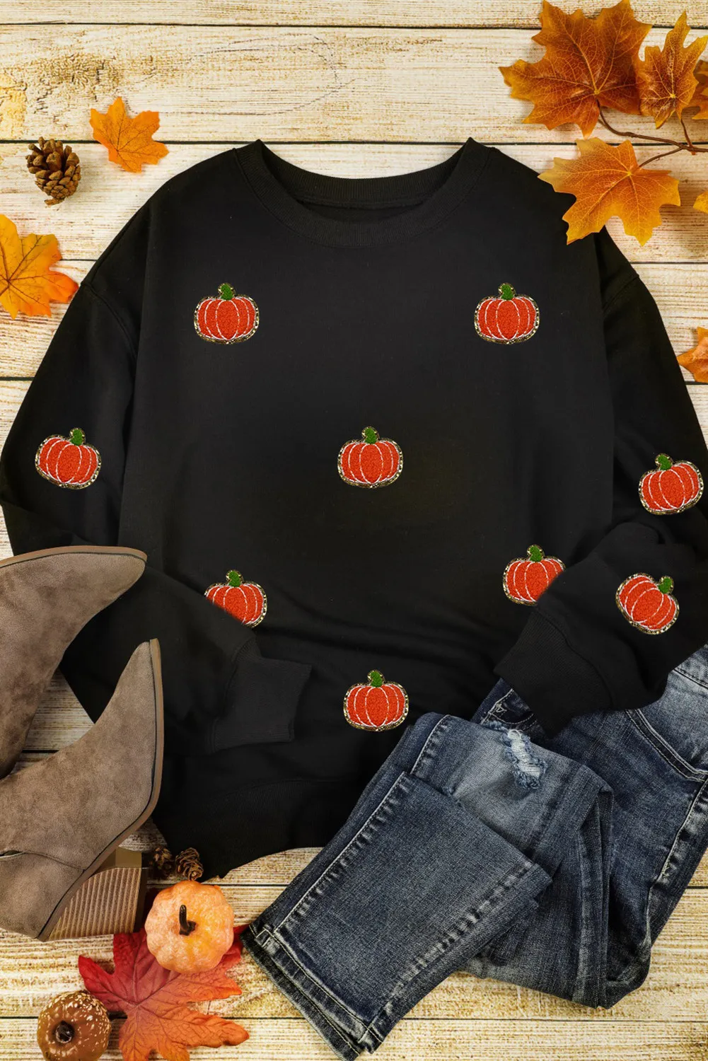 Pumpkin Round Neck Long Sleeve Sweatshirt, image 4