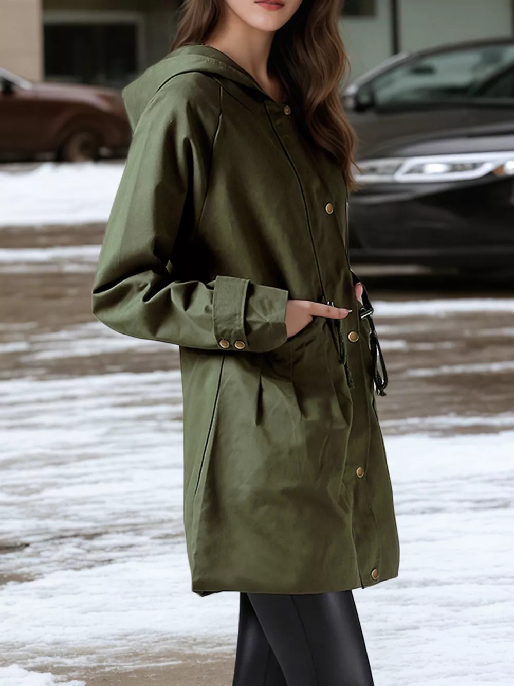 Plus Size Hooded Drawstring Waist Trench Coat, image 4