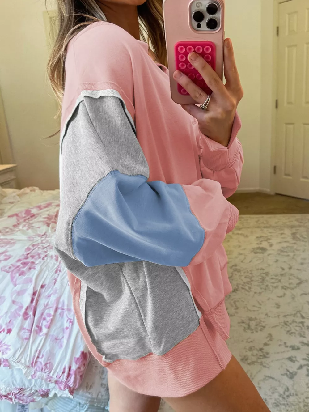 Exposed Seam Color Block Patchwork Slit Cuffs Oversize Sweatshirt, image 3