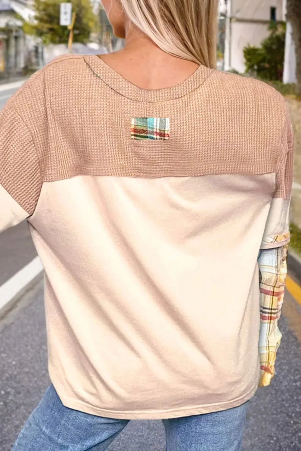 Plus Size Waffle-Knit Detail Plaid Round Neck Top, image 5