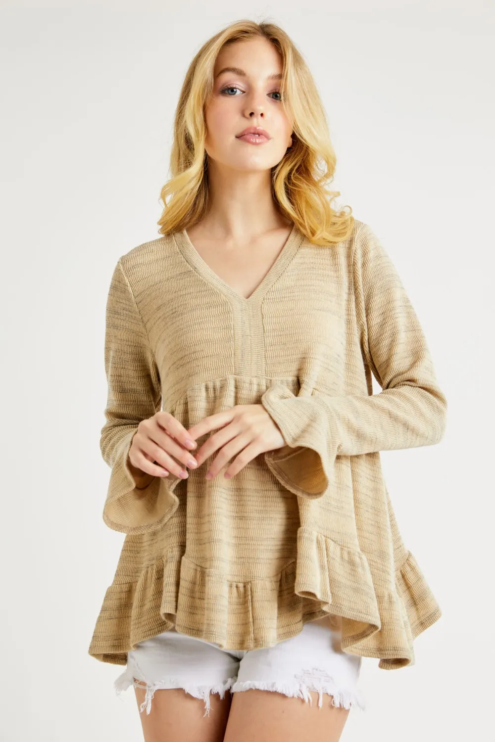 V-Neck Flounce Sleeve Knit Top, image 4