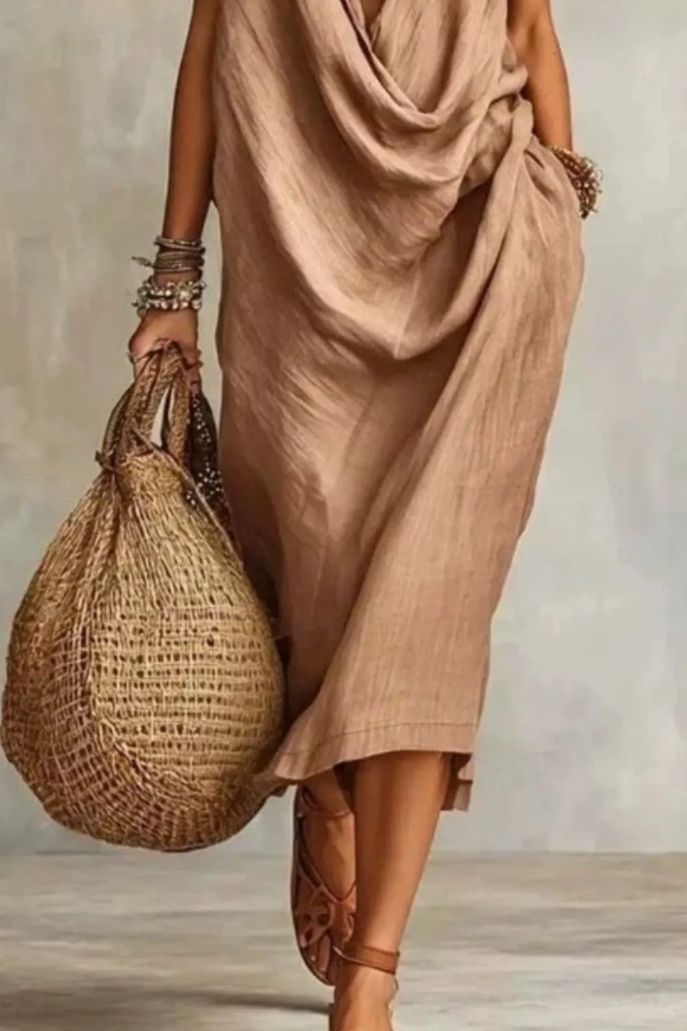 Sleeveless Drape Neck Midi Dress, image 7
