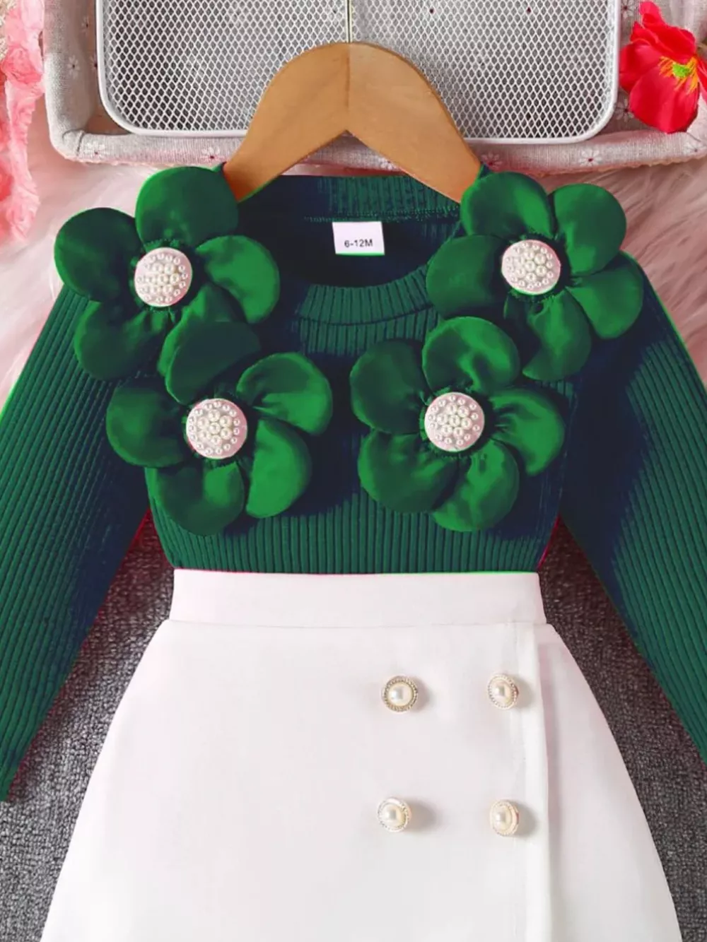 Children's Floral Applique Ribbed Top & Button Decor Skirt Set, image 8