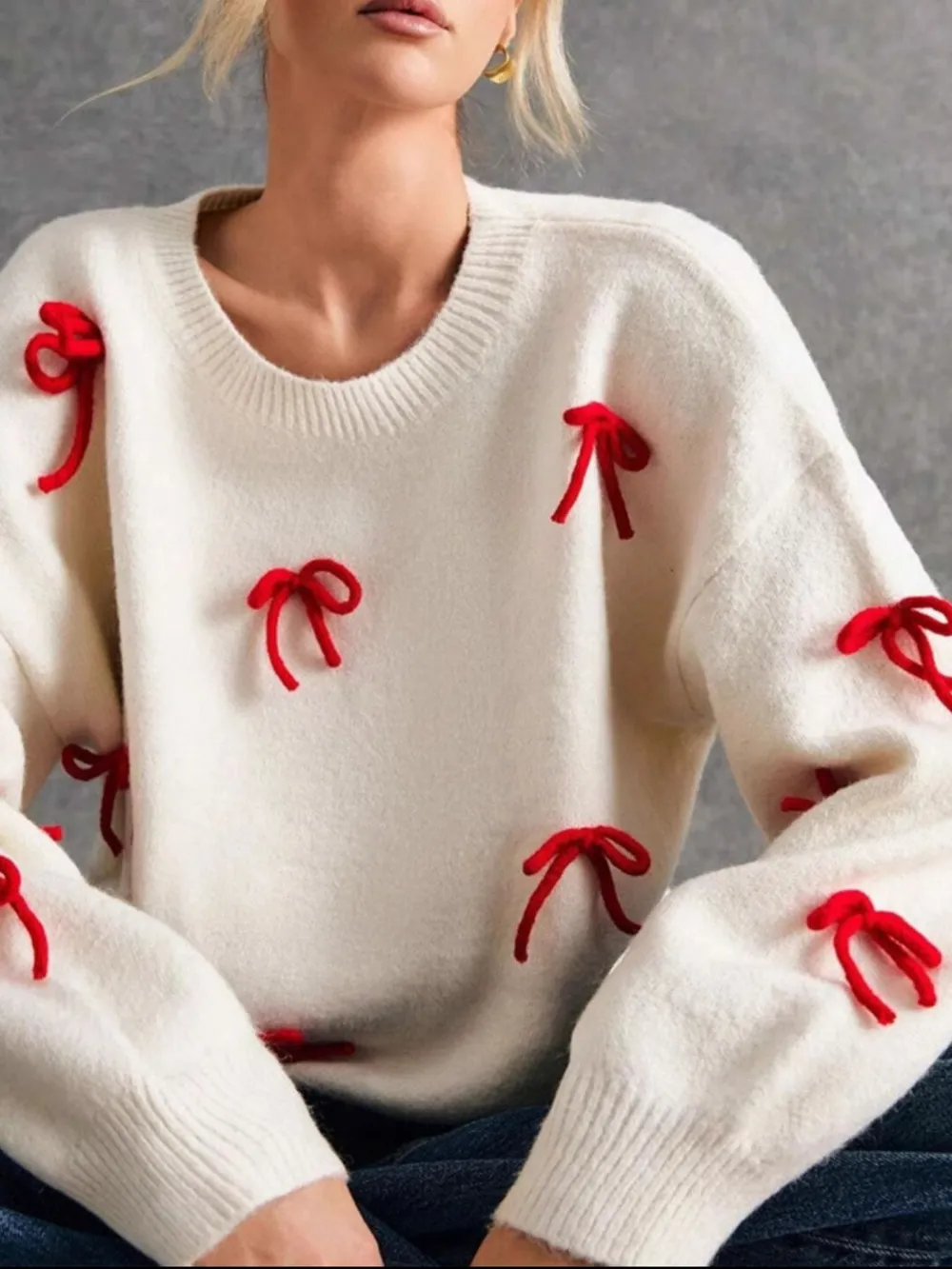 Bow Contrast Round Neck Long Sleeve Sweater, image 5