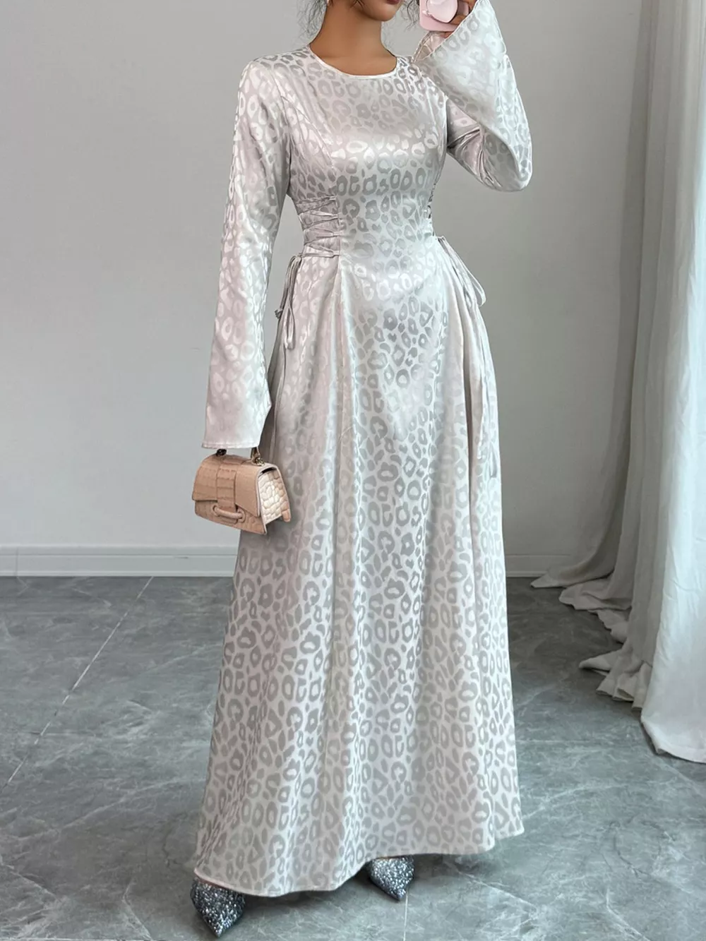 Leopard Lace Up Long Sleeve Maxi Dress, image 3