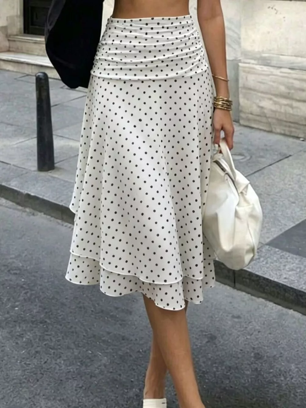 Polka Dot Ruched Waist Midi Skirt, image 2