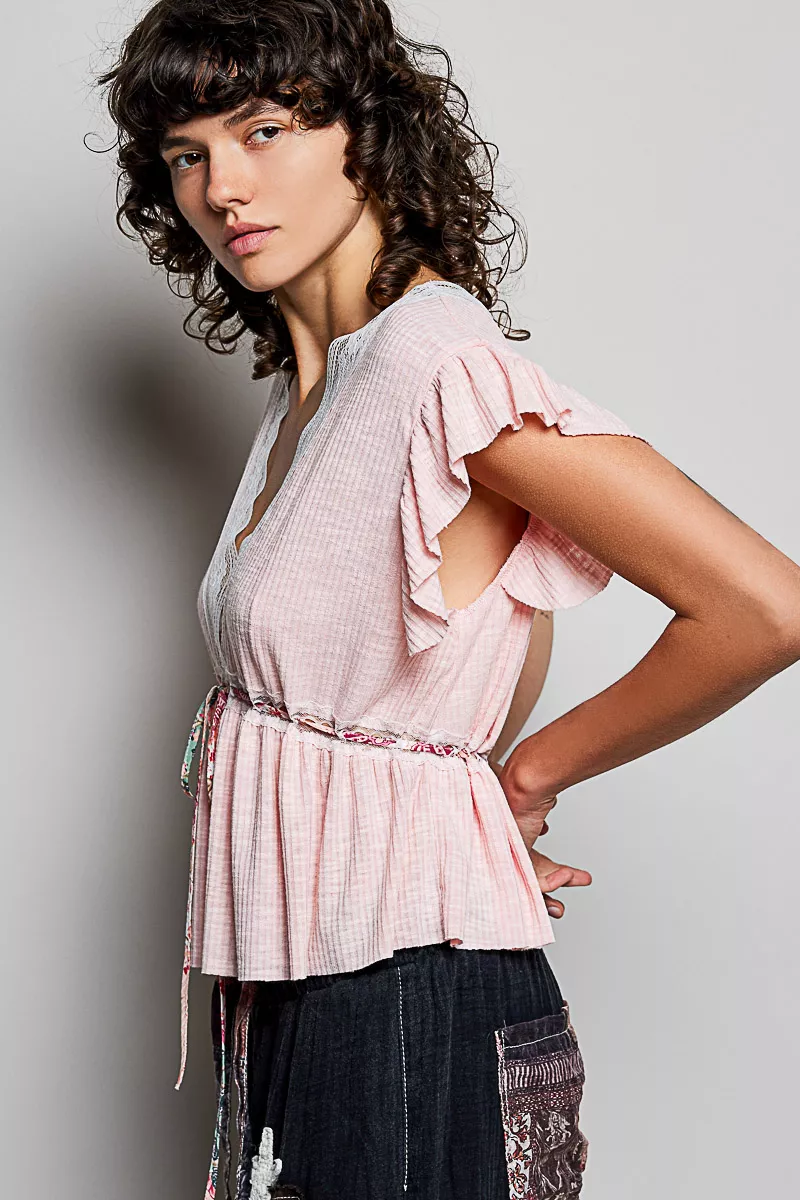 Tied Ruffled V-Neck Short Sleeve Blouse with Lace Detail, image 4