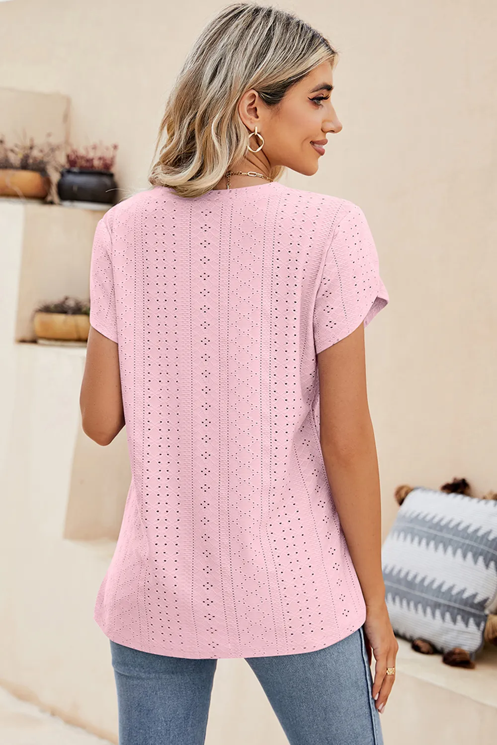 Eyelet V-Neck Petal Sleeve T-Shirt, image 5