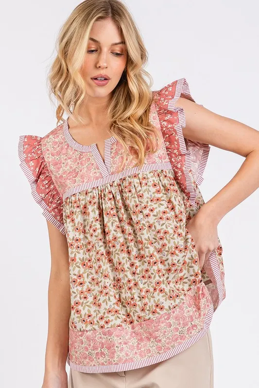 Floral Notched Ruffled Cap Sleeve Blouse, image 4