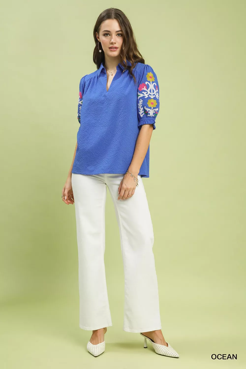 Seersucker Embroidered Sleeve Blouse, image 3