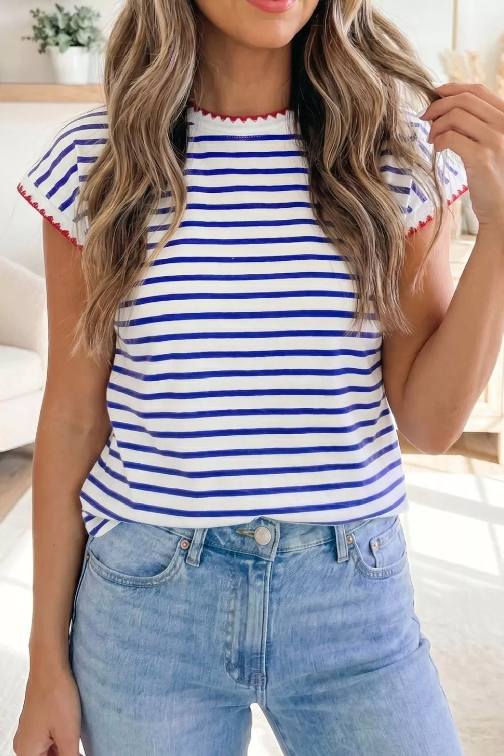 Stripe Contrast Trim Round Neck Cap Sleeve Tee, image 4