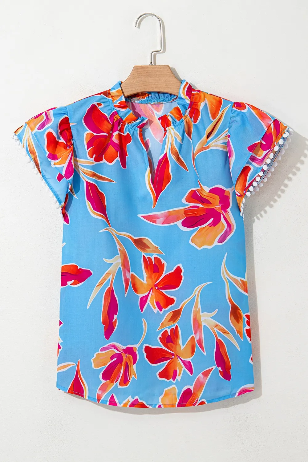 Floral Print Notched Pompom Trim Flutter Sleeve Blouse, image 7