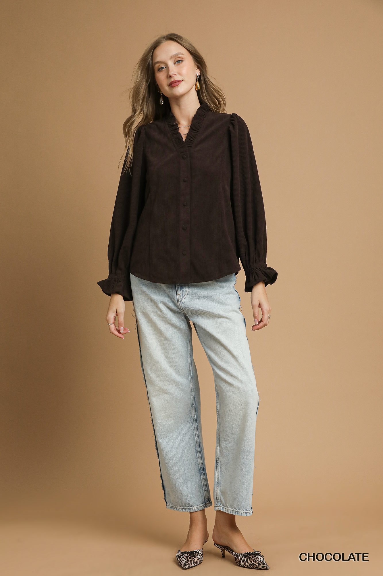 Corduroy Ruffle Shirt with Long Puff Sleeves, image 4