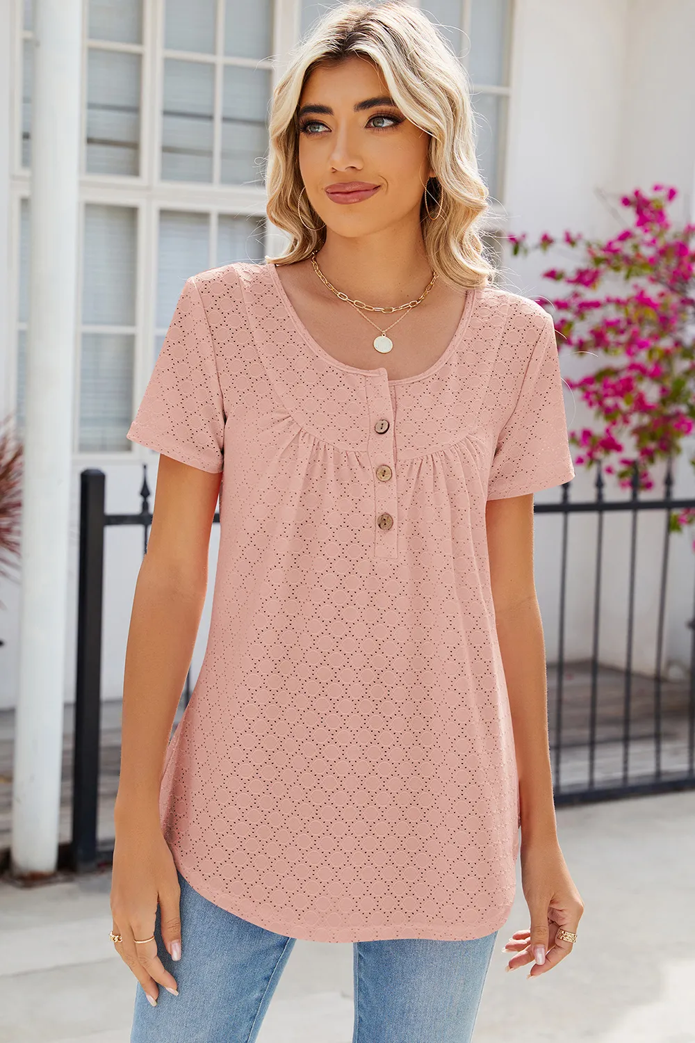 Eyelet Quarter Button Short Sleeve T-Shirt, image 21