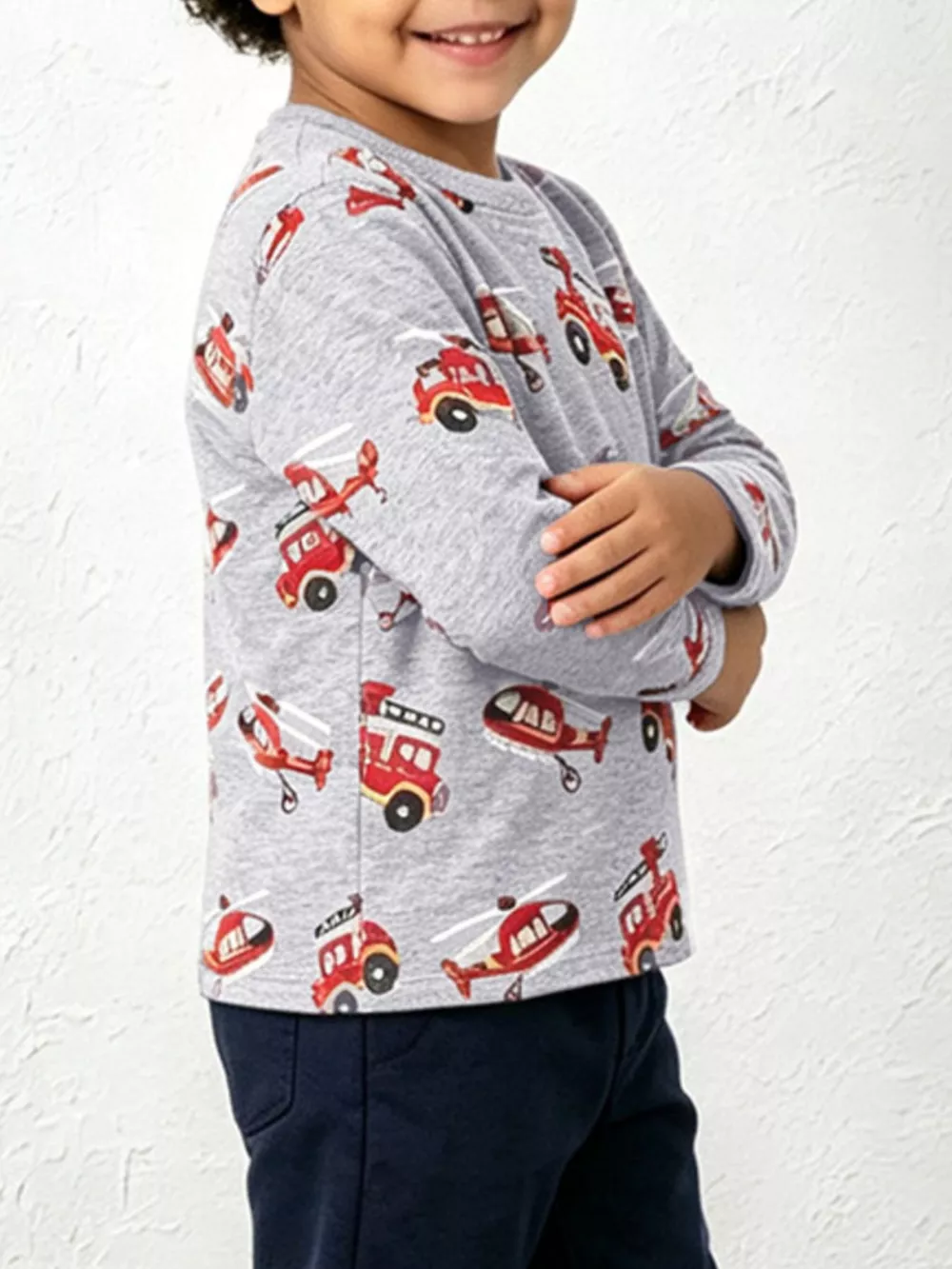 Children's Fire Truck Helicopter Print Long Sleeve Crew Neck T-Shirt, image 3