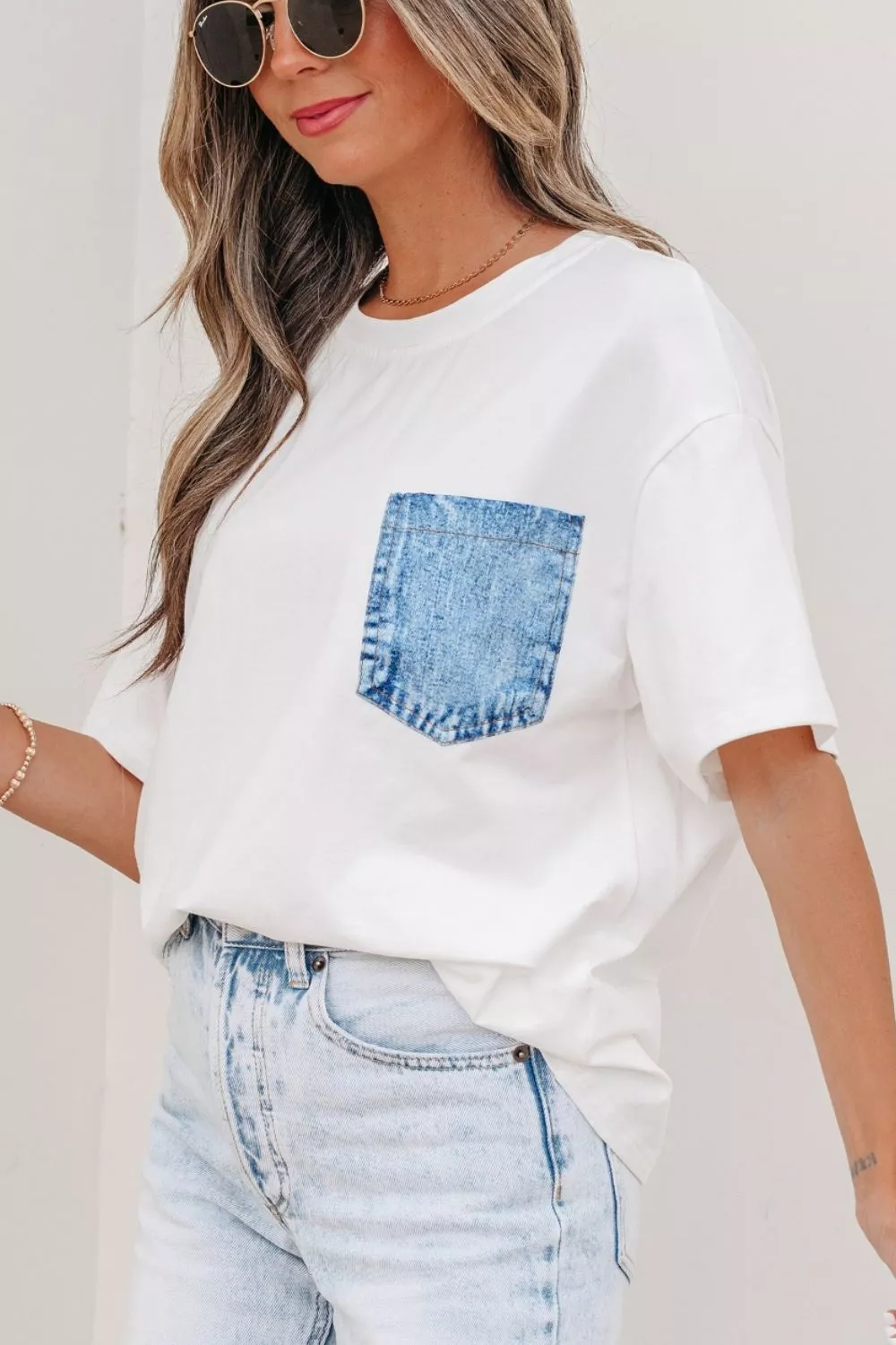 Color Block Chest Pocket Patched Casual Short Sleeve Top, image 4