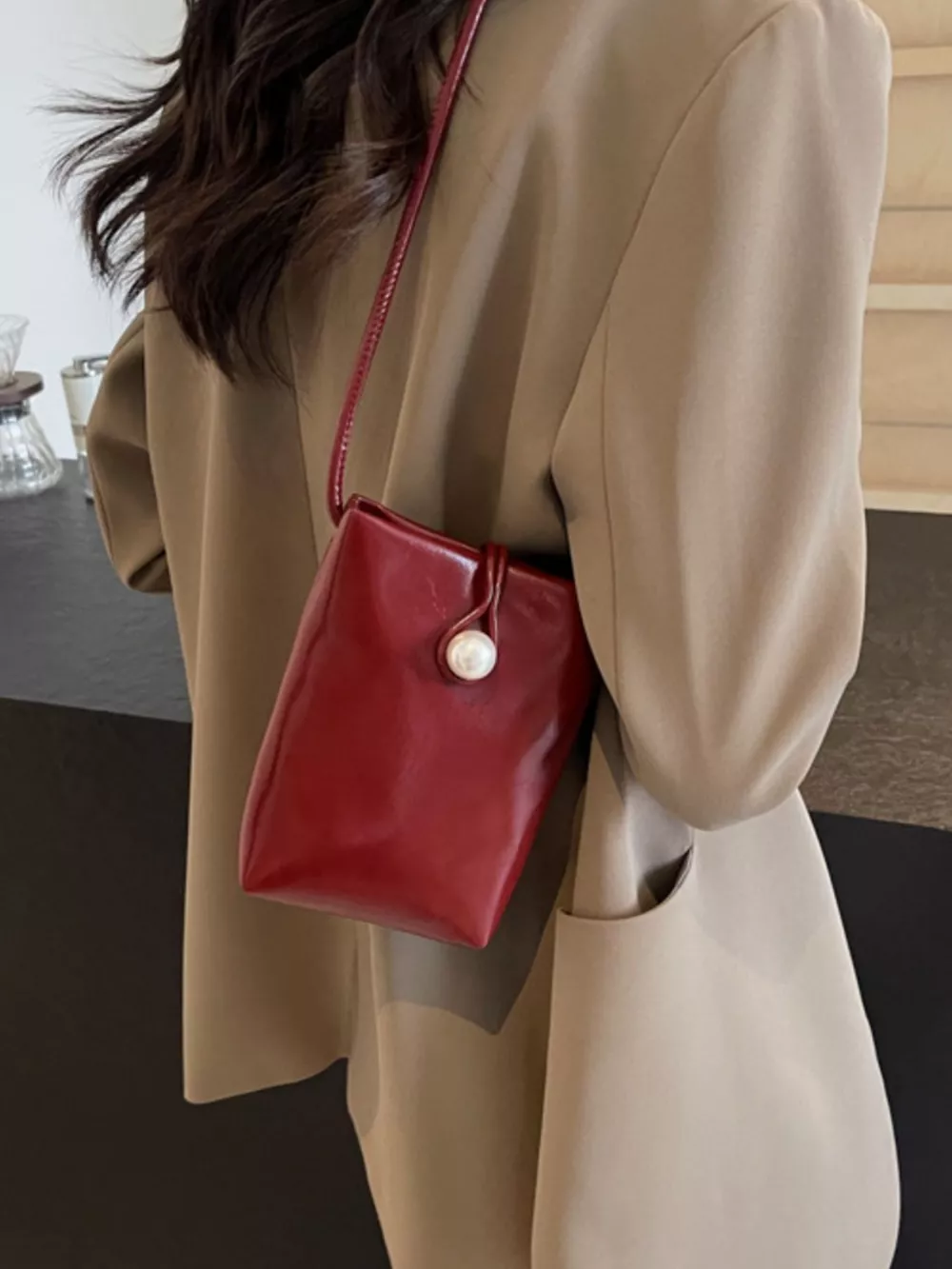 Pearl Decor Faux Leather Crossbody Bag, image 6