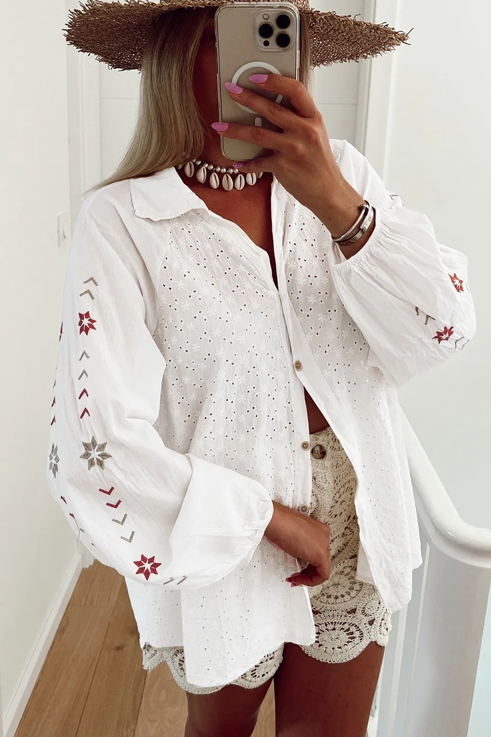 Embroidered Eyelet Collared Neck Long Sleeve Shirt, image 8