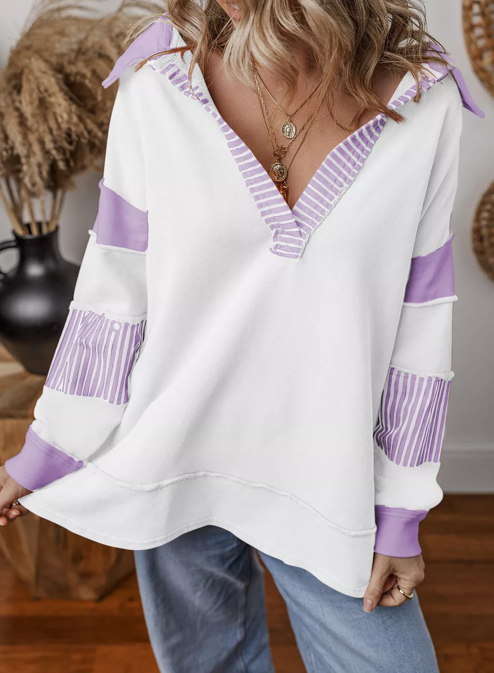 Color Block Striped Johnny Collar Sweatshirt, image 21