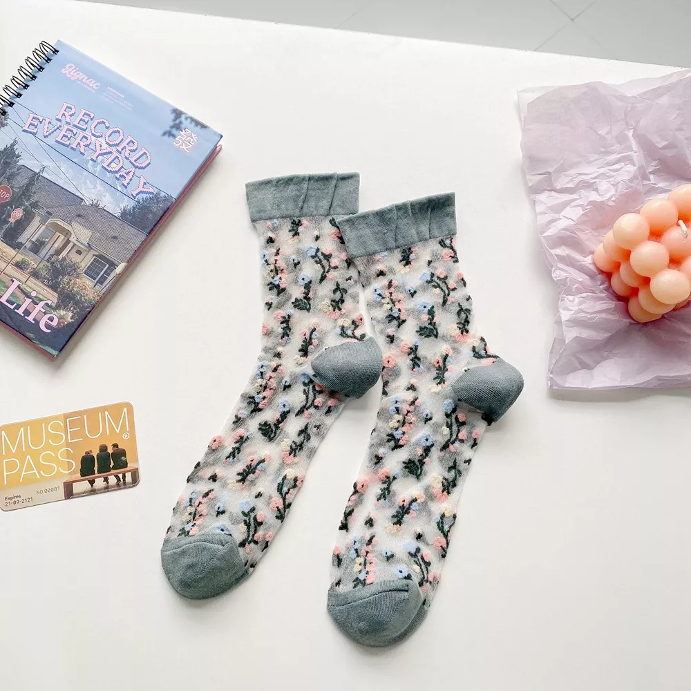 Floral Sheer Crew Socks 5 Pair Set, image 10
