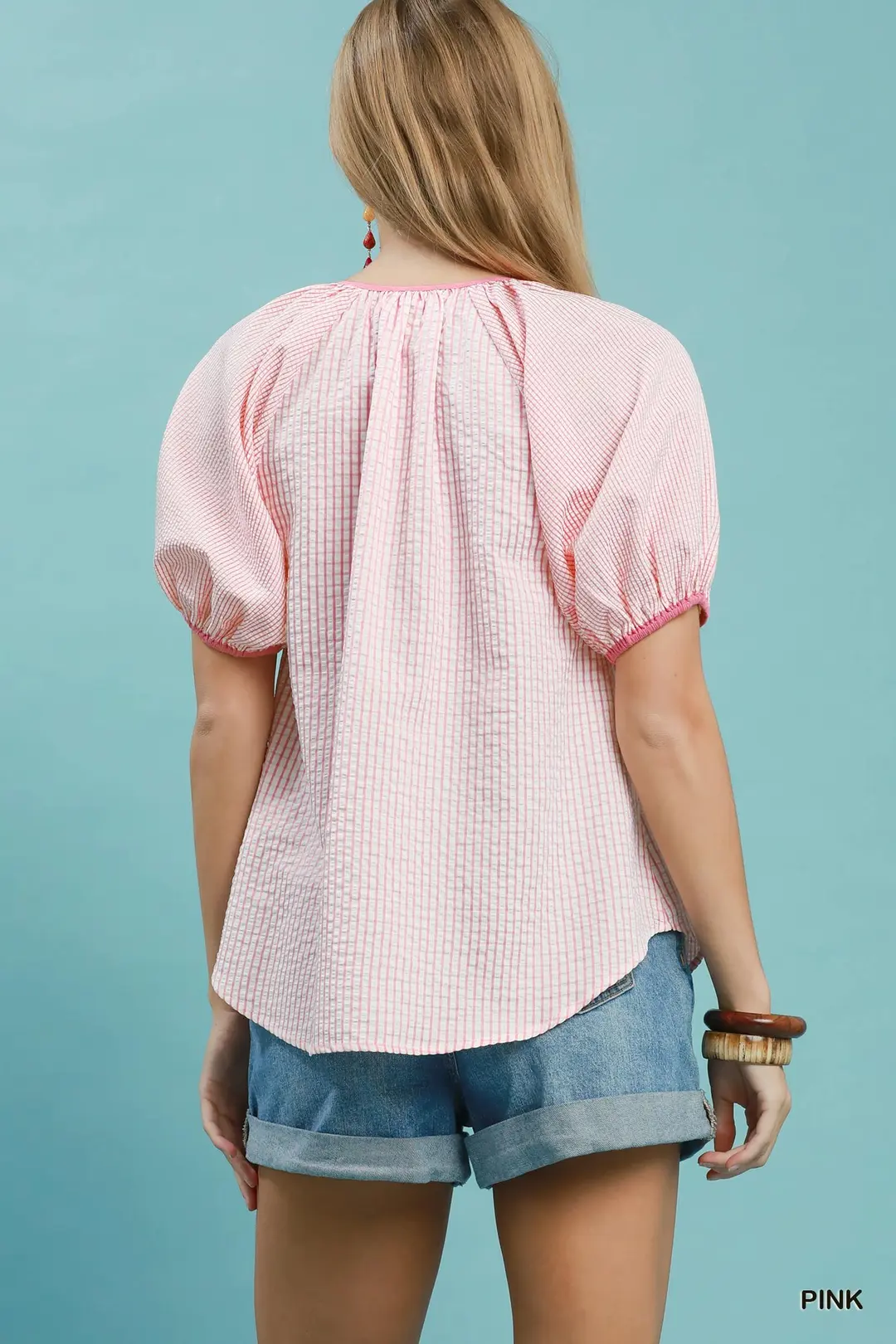 Checker Puff Sleeve Button Front Blouse, image 3