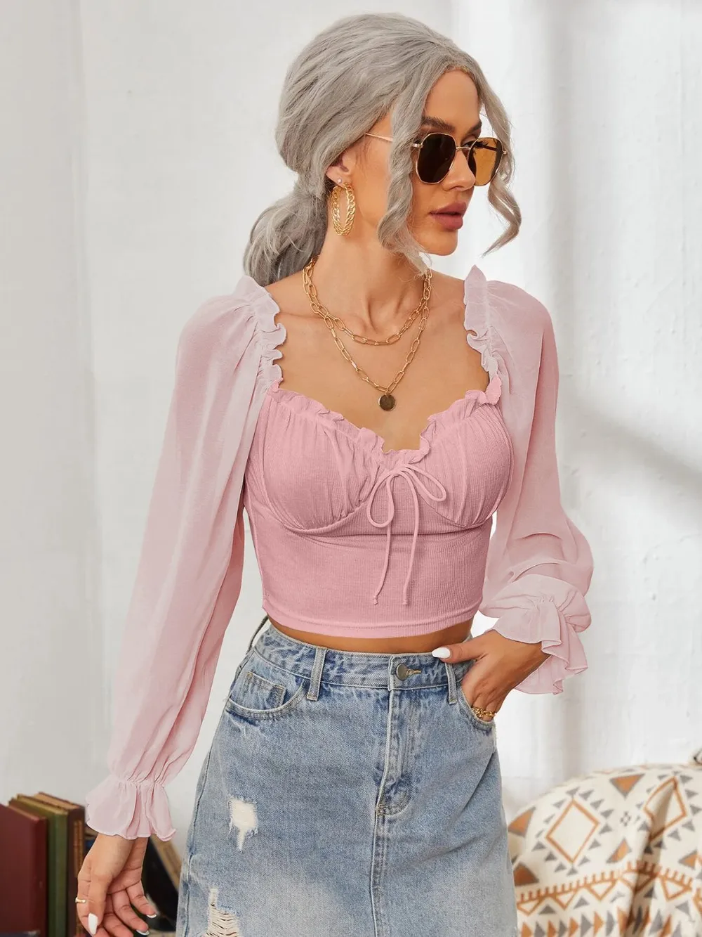 Mesh Sweetheart Neck Flounce Sleeve Top, image 16