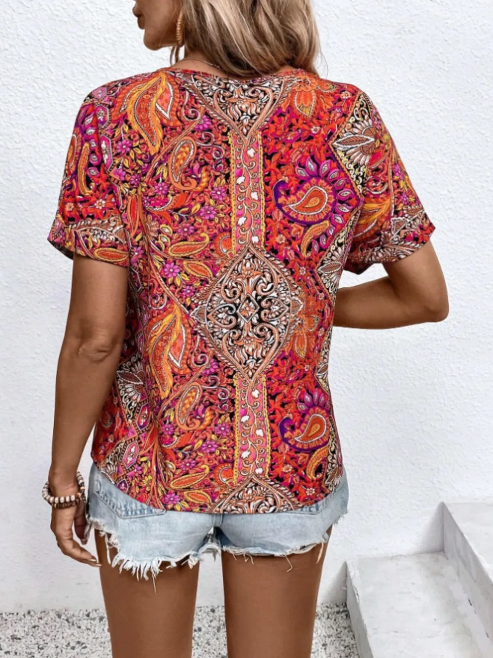 Bohemian Paisley Print V-Neck Short Sleeve T-Shirt, image 11