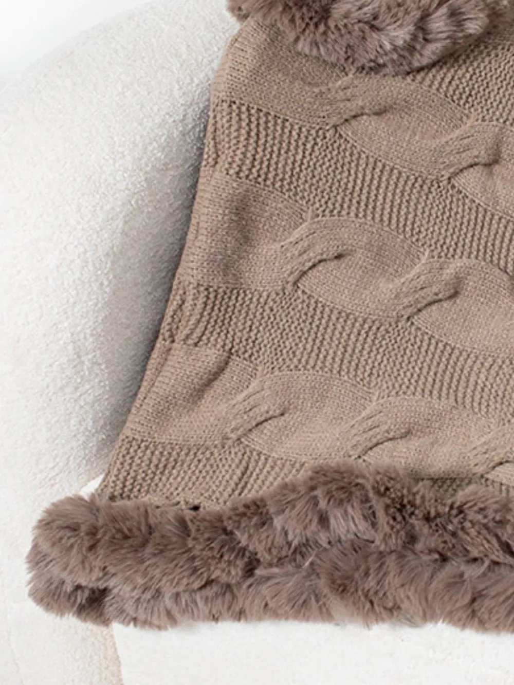 Fuzzy Hem Cable-Knit Poncho, image 6