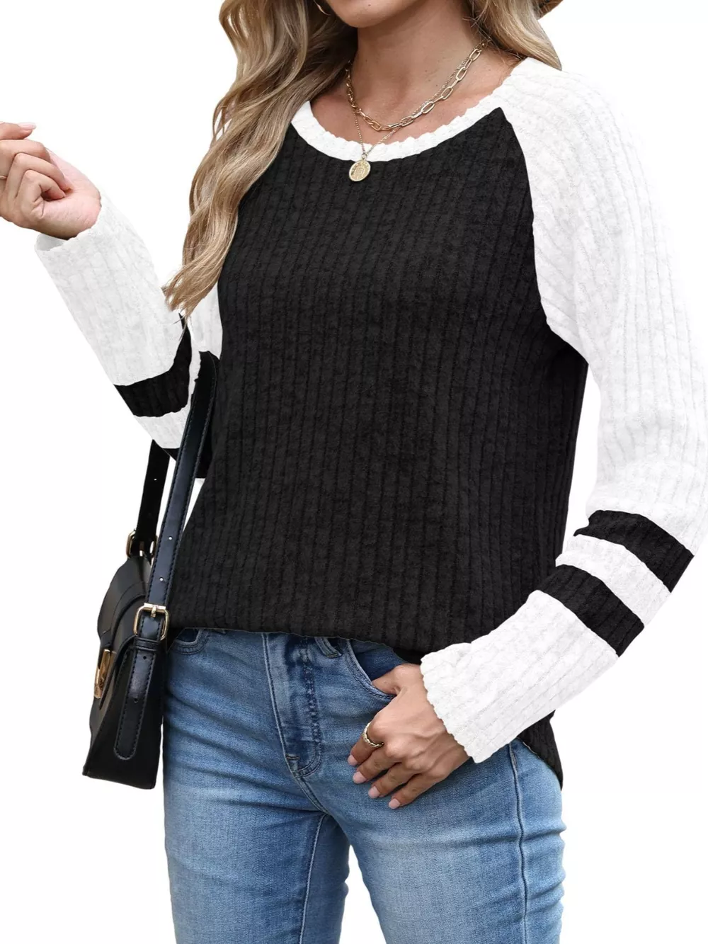 Ribbed Knit Raglan Long Sleeve T-Shirt, image 14