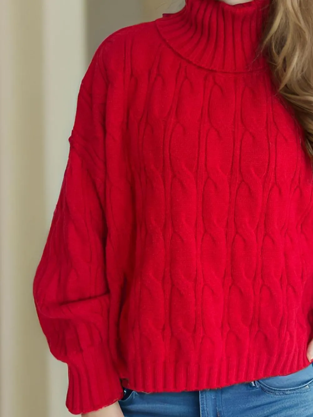 Cable-Knit Turtleneck Long Sleeve Sweater, image 9