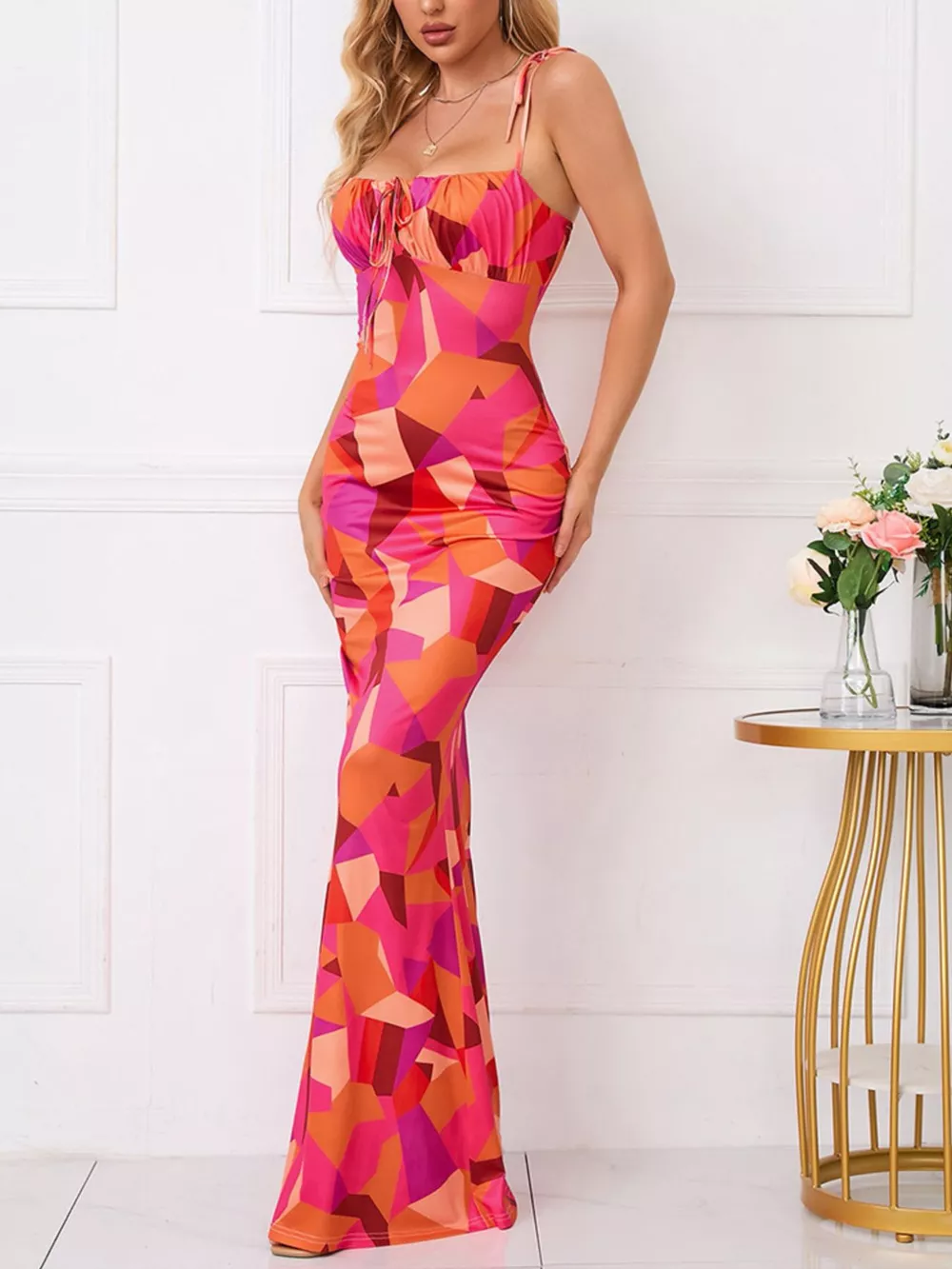 Floral Print Tie Strap Bodycon Maxi Dress, image 9