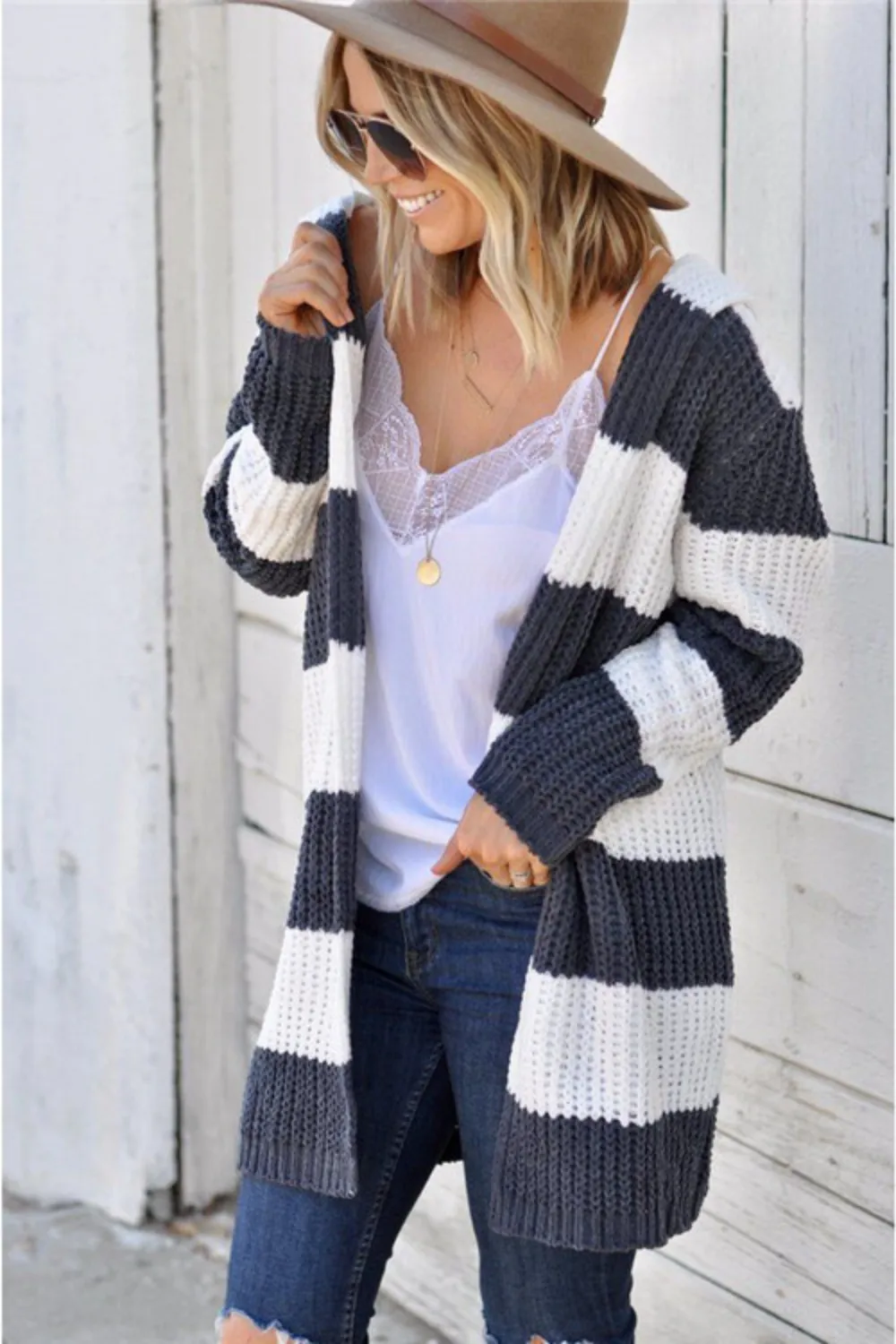 Contrast Stripes Open Front Long Sleeve Cardigan, image 4