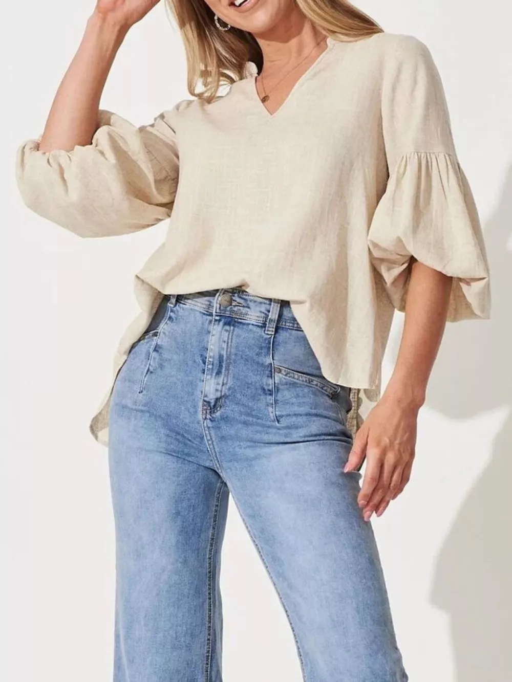 Notched Balloon Sleeve Blouse, image 5