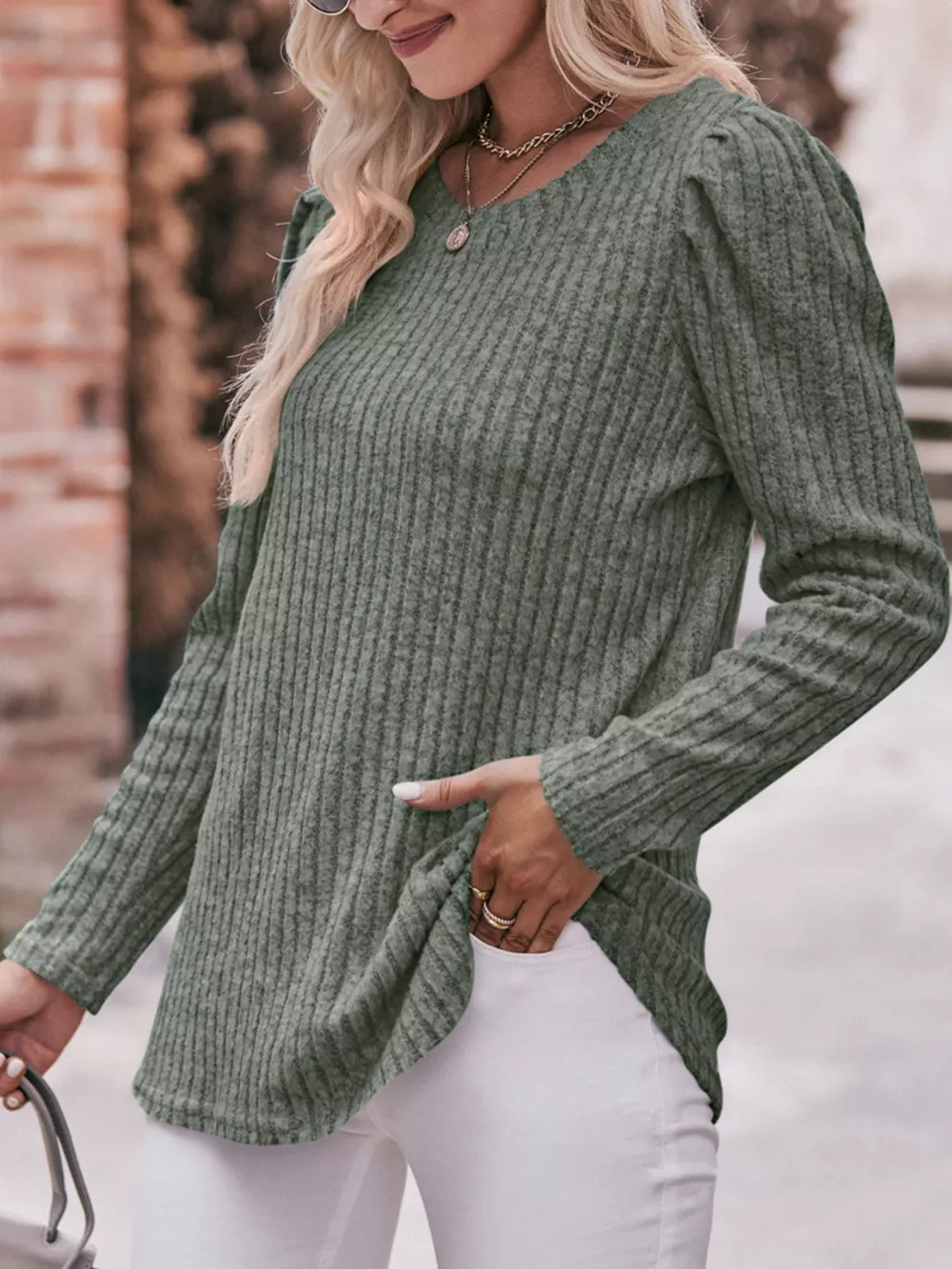 Ribbed Knit Puff Sleeve T-Shirt, image 18